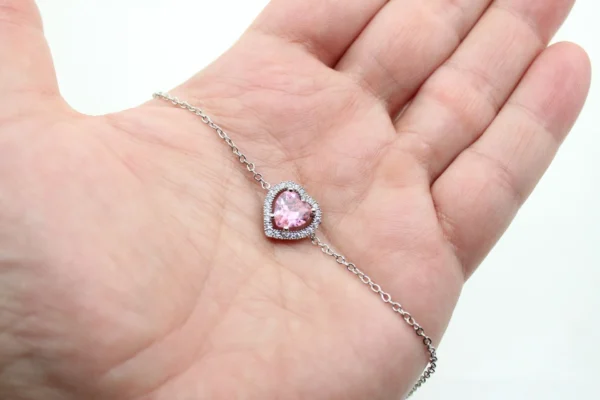 Rodyum Kaplama Zirkon Taşlı Pembe Kalp Bileklik