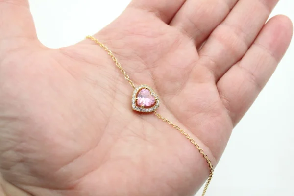 Altın Kaplama Zirkon Taşlı Pembe Kalp Bileklik